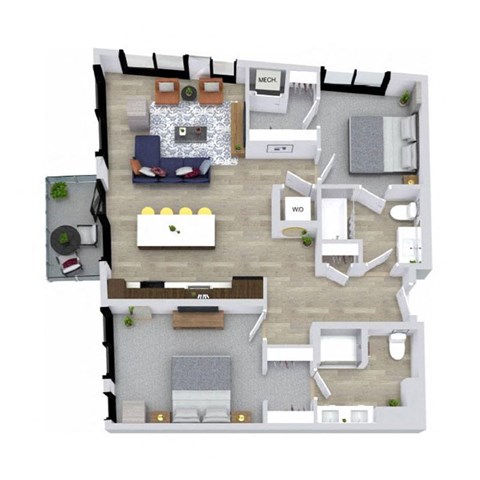 A top-down view of a modern apartment layout with a kitchen, living room, and bedrooms.