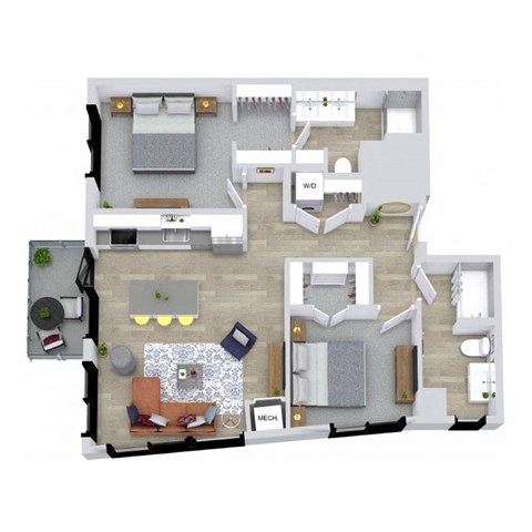 A floor plan of a house with labeled rooms such as WD, MEECH, and ME.