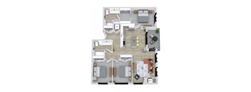 A floor plan of a house with a kitchen, living room, dining room, and two bedrooms.