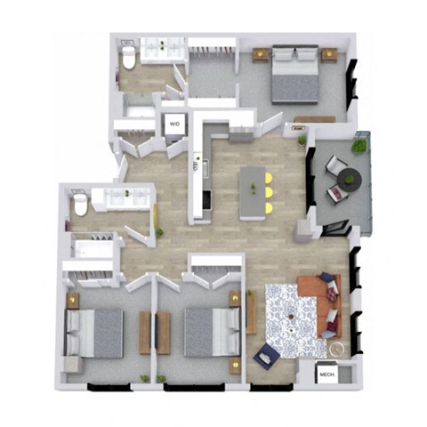 A floor plan of a house with a kitchen, living room, dining room, and two bedrooms.