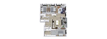A floor plan of a house with a living room, dining room, kitchen, and two bedrooms.