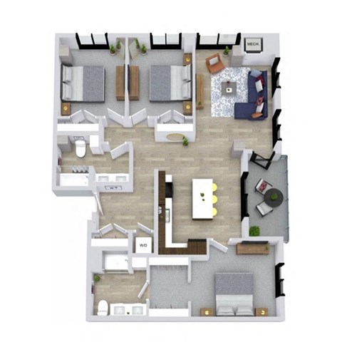 A floor plan of a house with a living room, dining room, kitchen, and two bedrooms.