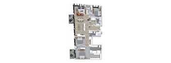 A floor plan of a house with a kitchen, living room, dining room, and two bedrooms.