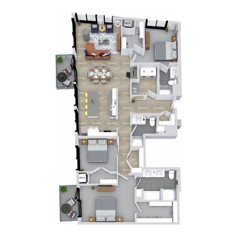 A floor plan of a house with a kitchen, living room, dining room, and two bedrooms.