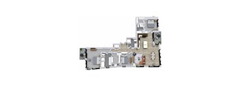 A floor plan of a house with a kitchen, living room, and two bedrooms.