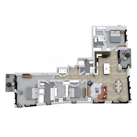 A floor plan of a house with a kitchen, living room, and two bedrooms.