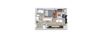 A top-down view of a room with a couch, a bed, a desk, and a kitchenette.