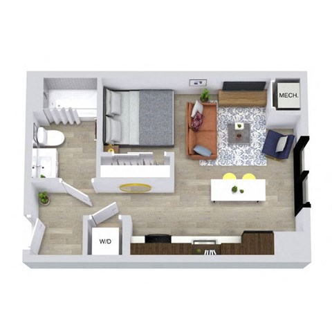 A top-down view of a room with a couch, a bed, a desk, and a kitchenette.