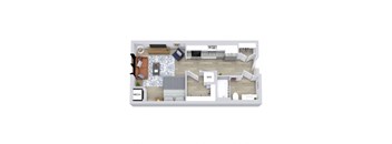 A floor plan of a two-bedroom apartment with a living room, kitchen, and bathroom.