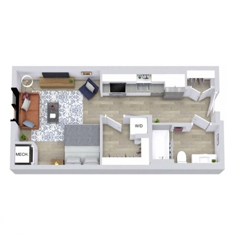 A floor plan of a two-bedroom apartment with a living room, kitchen, and bathroom.
