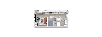 A floor plan of a room with a kitchen area, a living room, and a bathroom.