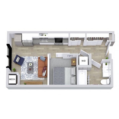 A floor plan of a room with a kitchen area, a living room, and a bathroom.