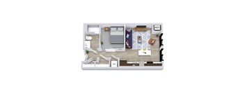 A top-down view of a room with a bed, desk, and a couch.