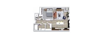 A floor plan of a home with a living room, dining room, kitchen, and bathroom.