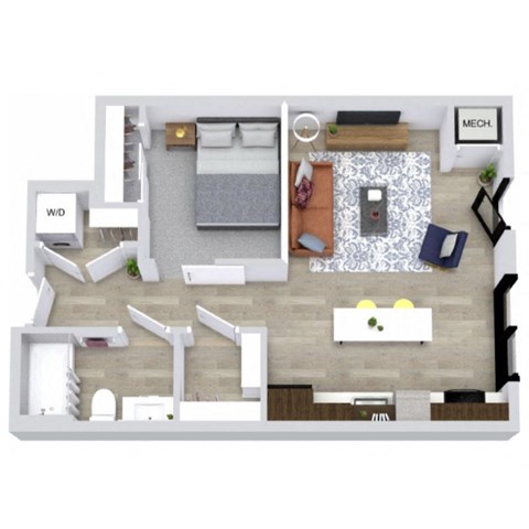 A floor plan of a home with a living room, dining room, kitchen, and bathroom.