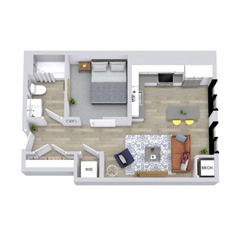 A top-down view of a room with a bed, a couch, a chair, a table, and a small kitchenette.
