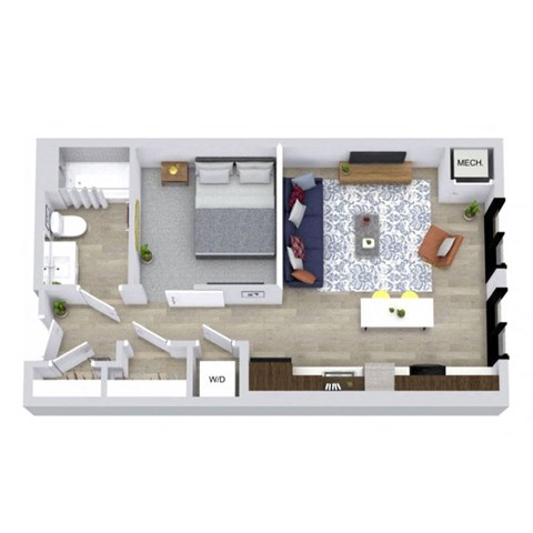 A top-down view of a room with a bed, desk, and a couch.