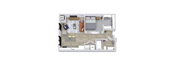 A top-down view of a room with furniture and appliances.
