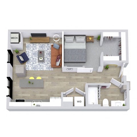 A top-down view of a room with furniture and appliances.