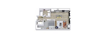 A top-down view of a room with a bed, a desk, and a couch.