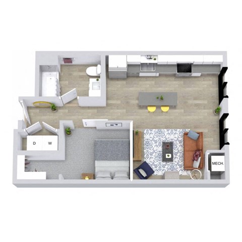 A top-down view of a room with a bed, a desk, and a couch.