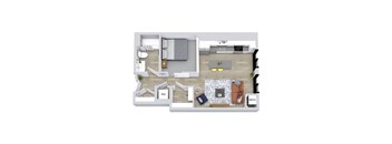 A floor plan of a house with a living room, dining room, kitchen, and bathroom.