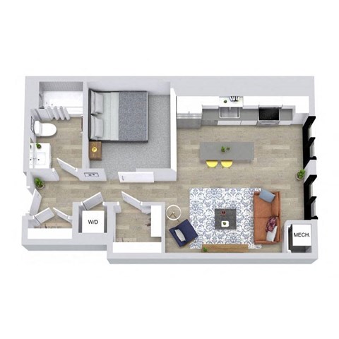 A floor plan of a house with a living room, dining room, kitchen, and bathroom.