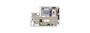 A floor plan of a house with a living room, dining room, kitchen, and bathrooms.