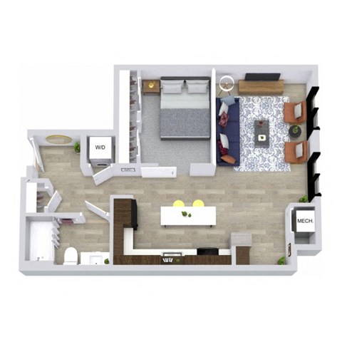 A floor plan of a house with a living room, dining room, kitchen, and bathrooms.