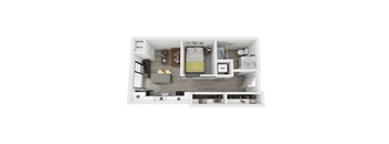A top-down view of a small apartment with a kitchen, living room, and bedroom.
