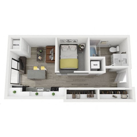 A top-down view of a small apartment with a kitchen, living room, and bedroom.