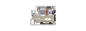 A top-down view of a small apartment layout with a kitchen, living room, and bathroom.