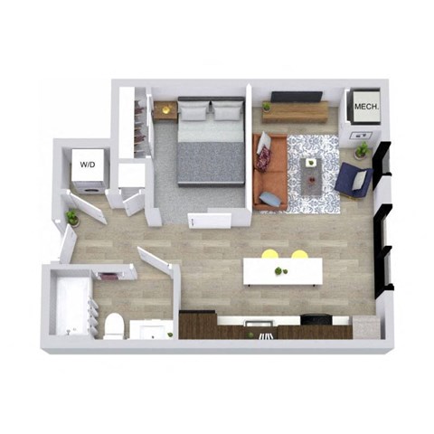 A top-down view of a small apartment layout with a kitchen, living room, and bathroom.