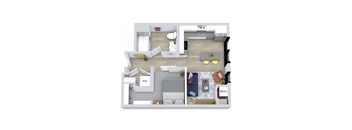 A floor plan of a house with a living room, dining room, kitchen, and bathrooms.