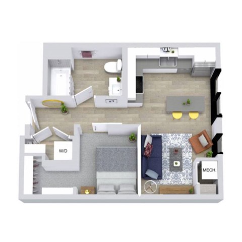 A floor plan of a house with a living room, dining room, kitchen, and bathrooms.