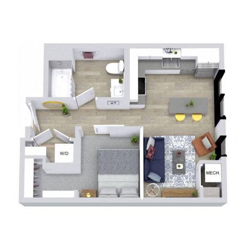 A floor plan of a house with a living room, dining room, kitchen, and bathrooms.