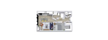 A floor plan of a house with a kitchen, living room, and bathroom.