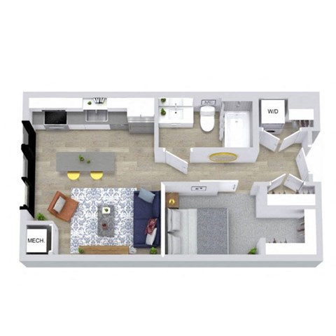 A floor plan of a house with a kitchen, living room, and bathroom.