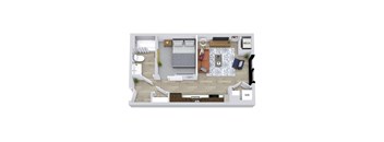A top-down view of a room with a bed, a couch, a desk, and a chair.