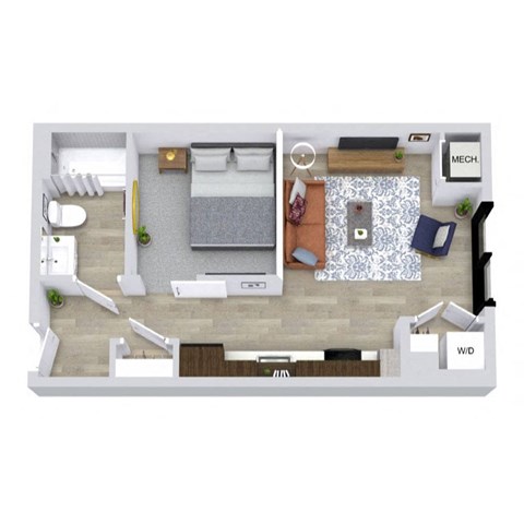 A top-down view of a room with a bed, a couch, a desk, and a chair.