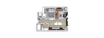 A top-down view of a small apartment layout with a kitchen, living room, and bathroom.