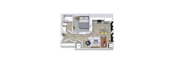 A top-down view of a room with a bed, a couch, a chair, a table, and a small kitchenette.