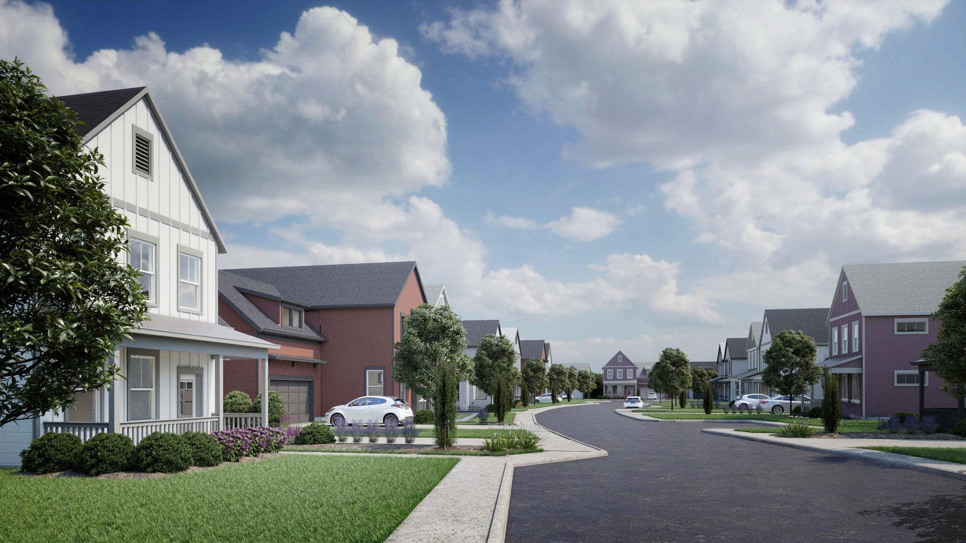 A row of houses with a car parked in front of one.