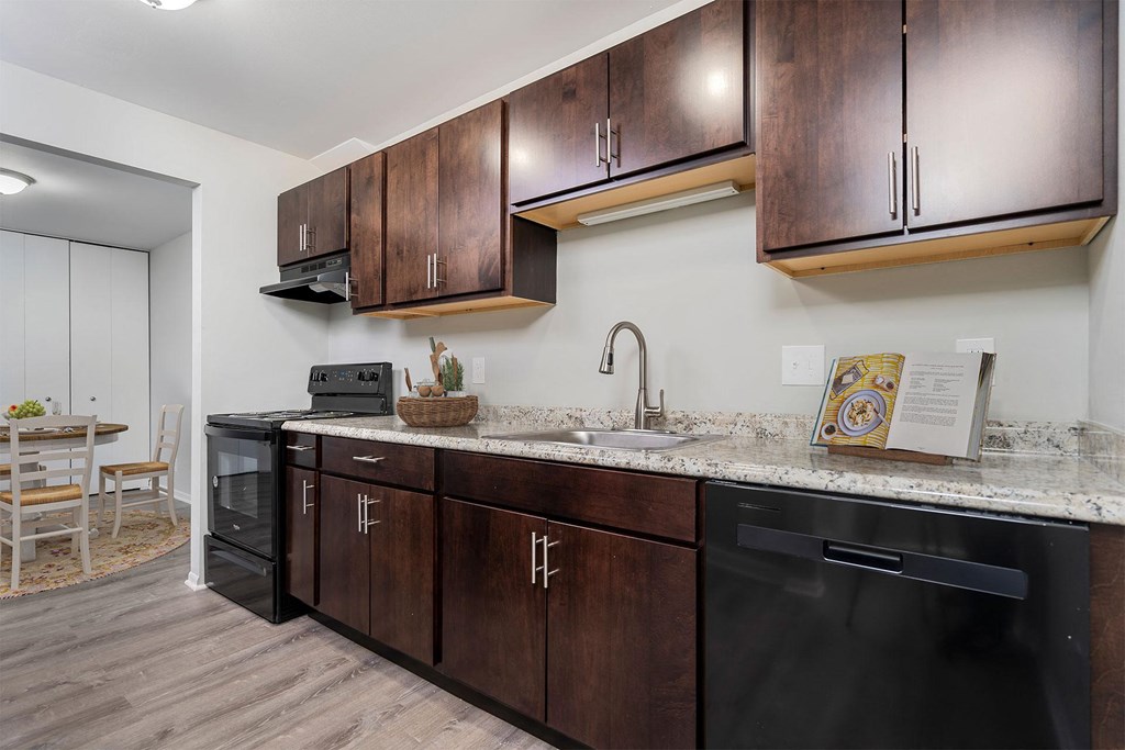 a kitchen with wooden cabinets and a counter top and a sink
