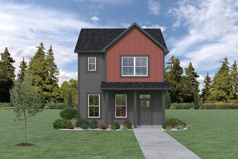 a home with a red chimney and gray siding