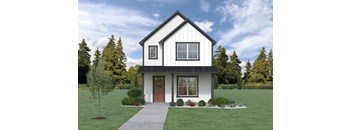 a home with white siding and a red door