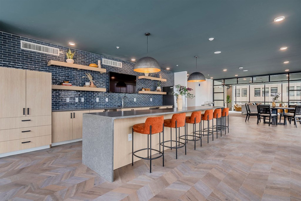 apartment community kitchen with barstools