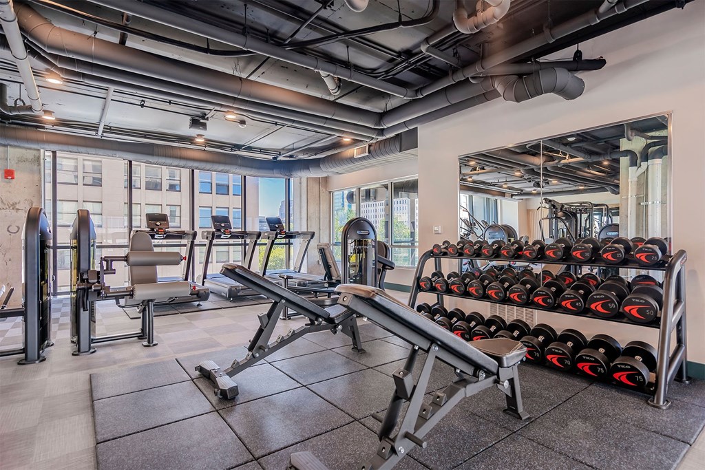 fitness center with benches and rows of dumbbells