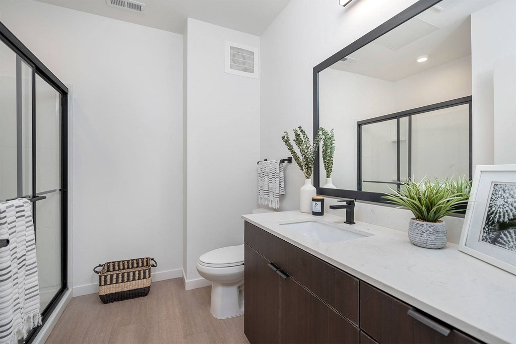bathroom with large mirror and stand up shower