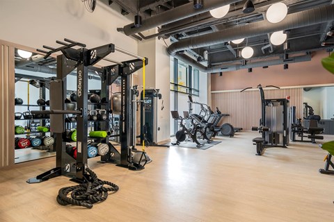 a workout room with weights and other gym equipment